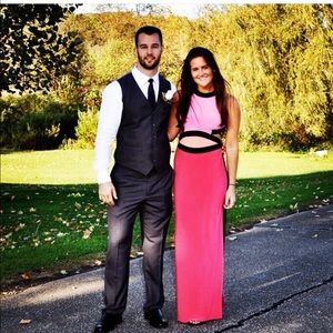 Color block, floor length dress